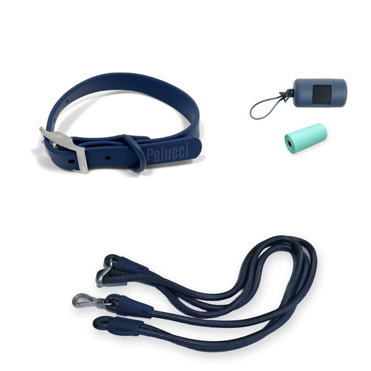 Pelucci Hands-Free Collar Walk Set in navy: waterproof collar, hands-free lead, poop bag carrier and a roll of poop bags