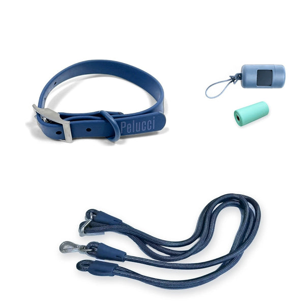 Pelucci Hands-Free Collar Walk Set in navy: waterproof collar, hands-free lead, poop bag carrier and a roll of poop bags