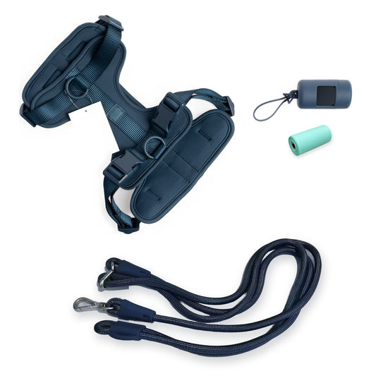 Pelucci Hands-Free Harness Walk Set in navy: harness, hands-free lead, poop bag carrier and a roll of poop bags