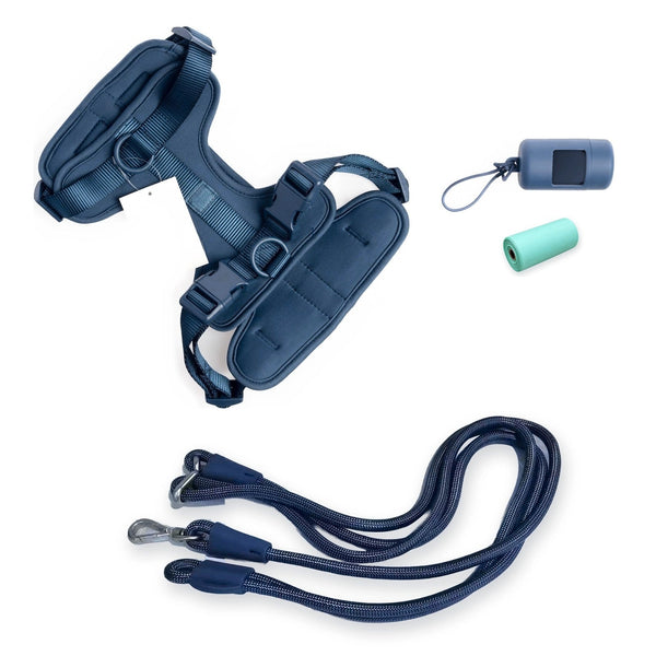 Pelucci Hands-Free Harness Walk Set in navy: harness, hands-free lead, poop bag carrier and a roll of poop bags