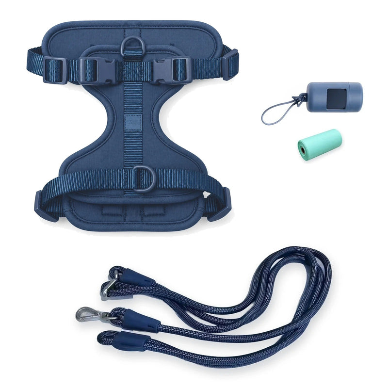 Pelucci Hands-Free Harness Walk Set in navy: harness, hands-free lead, poop bag carrier and a roll of poop bags