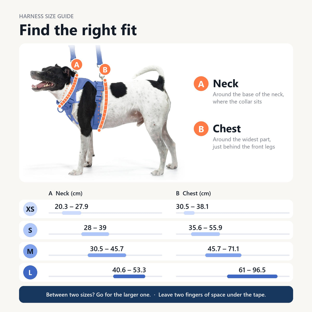 Pelucci Harness size guide: XS, S, M, L neck and chest measurements