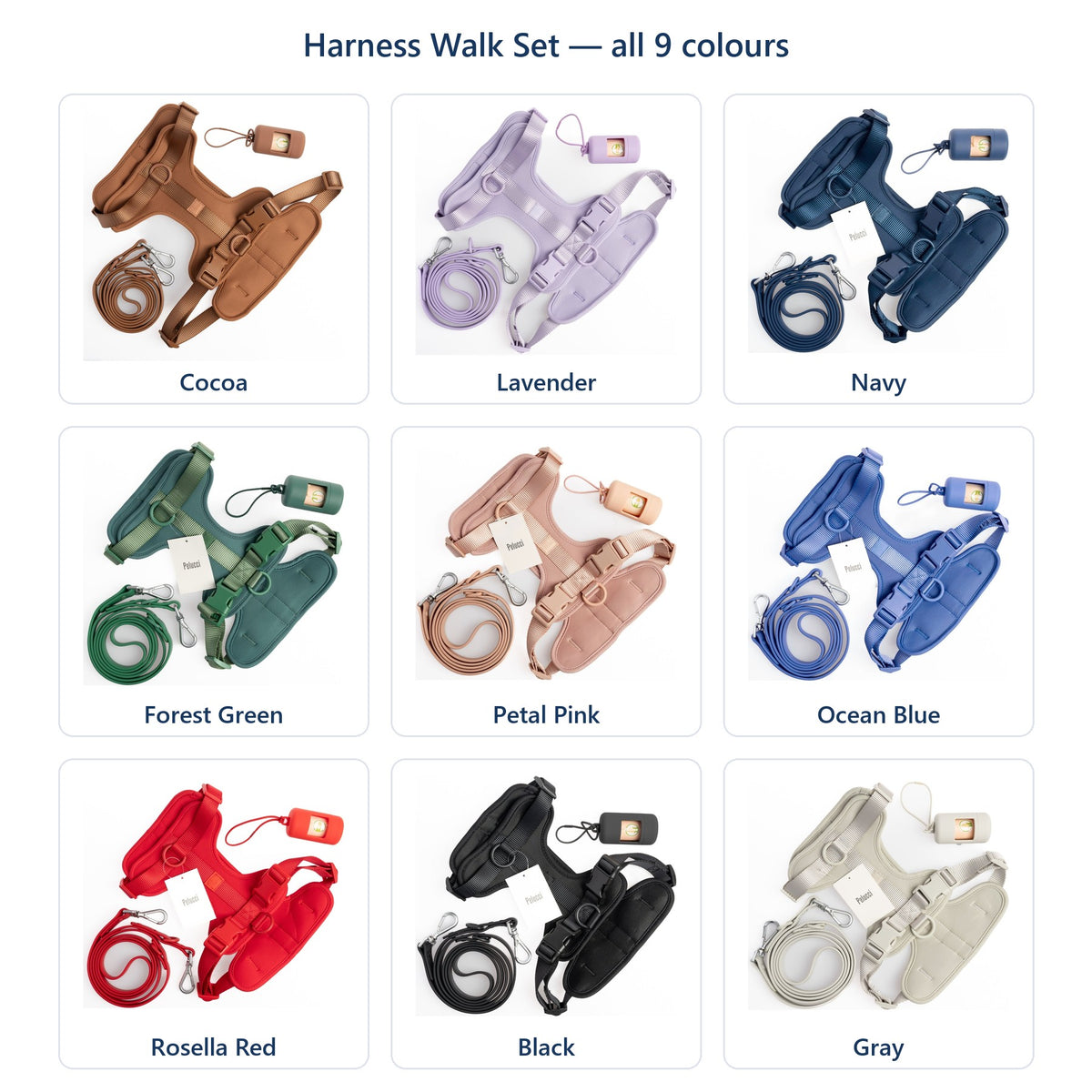 Pelucci Harness Walk Set in all 9 colours: Cocoa, Lavender, Navy, Forest Green, Petal Pink, Ocean Blue, Rosella Red, Black, Gray
